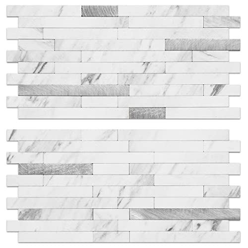 AULIGET 20 Sheets Faux Marble Peel and Stick Backsplash Tiles with Metal Silver Accents, 6x12 Inch PVC Wall Coverings for Kitchen