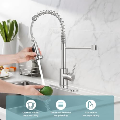 KHQF Brushed Nickel Kitchen Faucet with Pull Down Sprayer, Standard Model with Deck Plate