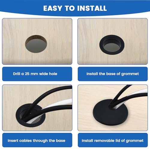 SDTC Tech 3-Pack Black Plastic Desk Grommet 25mm Cable Cover Organizer