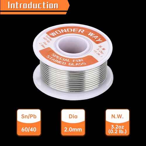 Sn60/Pb40 Solder Wire for Stained Glass Copper Foil, Tiffany Lamps & Church Glass Restoration, 2.0mm Dia No Flux By Wonderway (3.2oz)