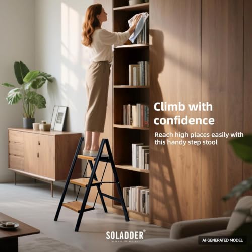 Soladder 3-Step Folding Ladder with Black & Woodgrain Finish, Lightweight & Stable