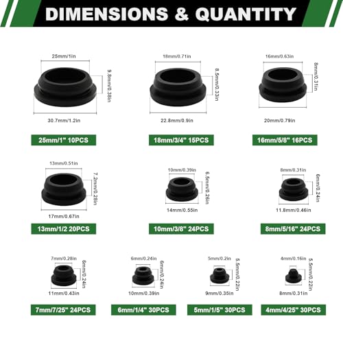 Japtend 223PCS Black Rubber Hole Plugs Kit - 10 Sizes Assortment for Automotive, Furniture, Sealing