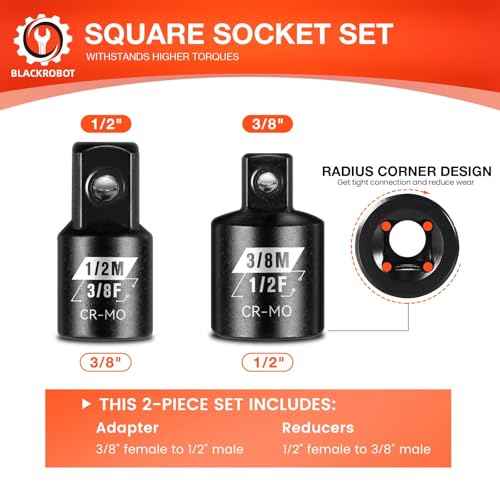 BLACKROBOT 2PCS Impact Socket Adapter and Reducer Set, 3/8" to 1/2" & 1/2" to 3/8" Socket Adapter Set, SAE Drive Cr-Mo Steel Exceeds ANSI Standards, Square Drive Adapter for Impact Driver Wrench