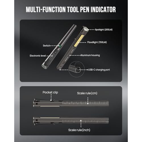SCOUTLITE Levite EDC Work Pen Light with Electronic Level, Dual-Beam LED Flashlight 200 Lumens, Rechargeable, IPX6 Waterproof, Aluminum Measurement Tool