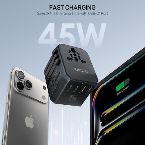 EPICKA 45W Universal Travel Adapter with 3 USB-C & 2 USB-A Ports - Black, Model 45W-5USB
