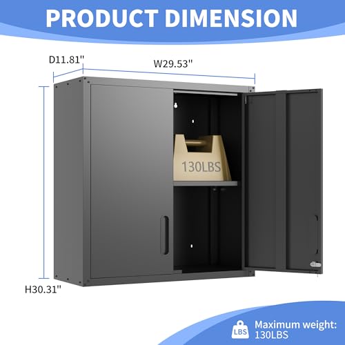Wall Mounted Steel Storage Cabinet with Lockable Doors, 2-Section, 29.53 W x 11.81 D x 30.31 H, Black / S - 2 Doors