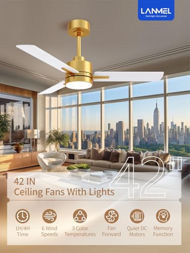 LANMEL 42 Inch Gold & White Metal Ceiling Fan with Lights & Remote Control - Downrod Included