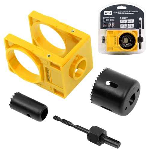 RKK Door Knob Hole Saw Kit, Deadbolt Installation Kit with Door Knob Jig Kit Door Lock Installation Kit Door Hole Drilling Kit for Wooden Doors (Yellow)