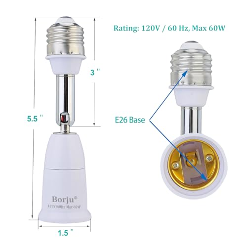 Borju 2-Pack Light Socket Extender 4.5 Inch, Adjustable E26 Socket with 360° Rotation
