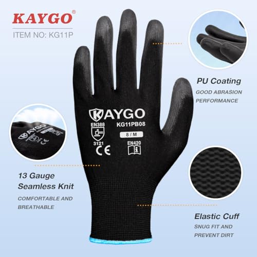 KAYGO Safety Work Gloves Black Large PU Coated Palm & Fingers KG11P