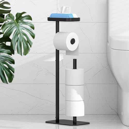 Kitsure Toilet Paper Holder Free Standing ? Rustproof Metal Toilet Paper Stand for 4 Rolls with Anti-Slip Base and Shelf for Phone & Small Items, Bathroom Organizers and Storage, Medium, Black