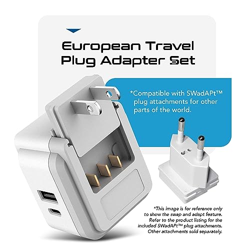 Ceptics White 20W European Travel Plug Adapter with 2 USA Outlets & USB-C/USB-A