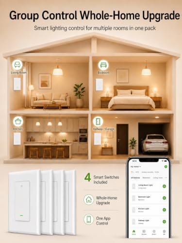 GHome Smart Single Pole WiFi Light Switch 4 Pack - Alexa & Google Compatible