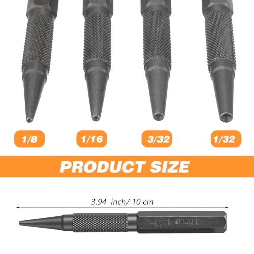 4PCS Nail Punch and Center Punch Set Nail Driver Tool Hardened Cr-V Steel Knurled Grip Punches Set 1/32", 1/16", 3/32" Nails Setter & 1/8" Center Punches Tool for Metal, Wood, Plastic