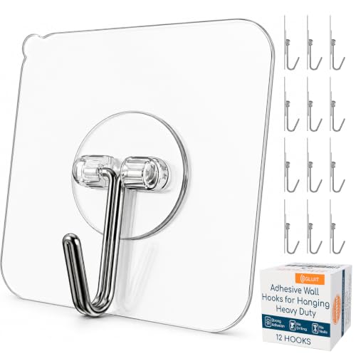 GLUIT Medium Adhesive Wall Hooks 12 pcs, Heavy Duty No Drill, 22 lbs Capacity
