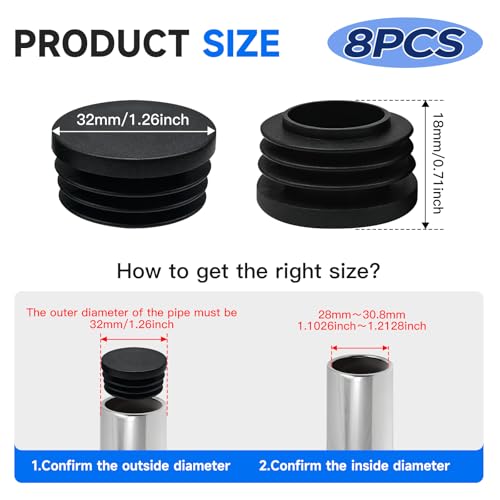 8-Pack 1-1/4 Inch (32mm) Round Plastic Hole Plugs for Furniture & Tubes, Black