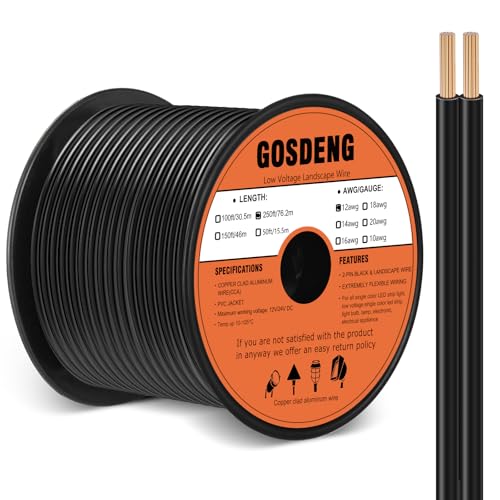 12/2 Low Voltage Landscape Wire 250ft - 12 Gauge Direct Burial Cable, Black, CCA Copper Clad Aluminum