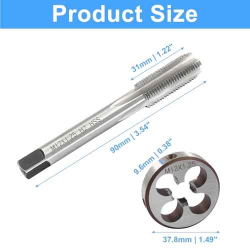 M12 x 1.25 HSS Metric Thread Tap and Die Set, Right Hand Machine Thread Tap and Round Die