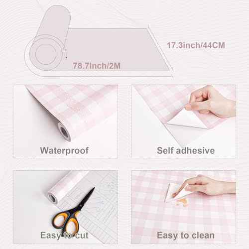 Cohoo Home Pink Plaid Peel and Stick Wallpaper Boho Plaid Contact Paper for Cabinets Pink Checkered Geinham Contact Paper Self Adhesive Removable Wallpaper Bathroom Nursery Waterproof 17.3inW 78.7inL