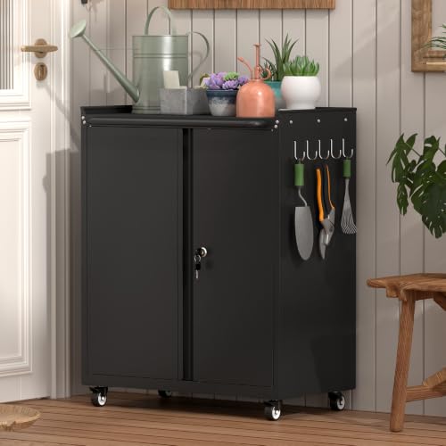 GreatMeet Black Rolling Garage Storage Cabinet with Lockable Doors, 26W x 14D x 31.88H