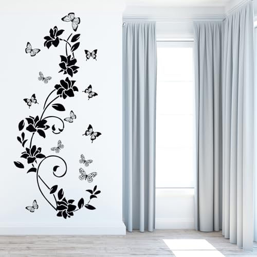 Black Flower Vine Butterfly Wall Stickers Art Design Wall Sticker Anti-Collision Window Vinyl Sticker Butterfly Glass Door Walls Decor for Bathroom Bedroom Kitchen Home Decorations