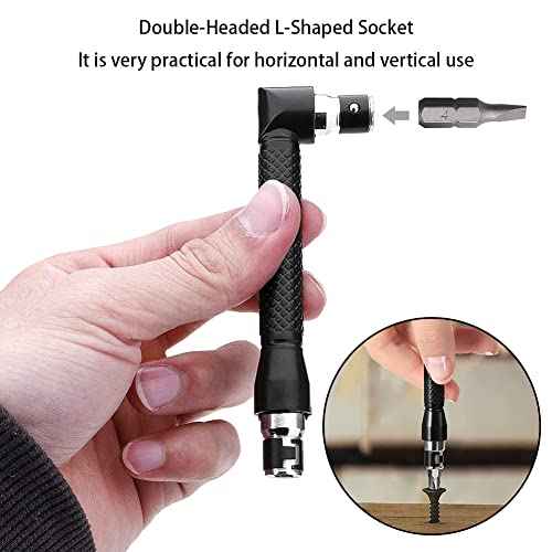Double-Headed L-Shaped Socket 1/4 Inch Hex Socket Wrench 90 Degree Right Angle Screwdriver Adapter with 10Pcs Various Angled Screwdriver Bits Tool