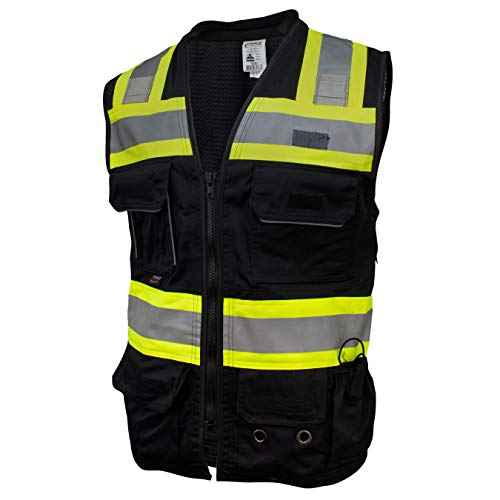 SU500B Premium Surveyors Class 1 Black Heavy Duty Vest, Tablet Pockets & Neck Padding | 100% Polyester Optimal Breathability | Contrasting Reflective | Meets ANSI Standards