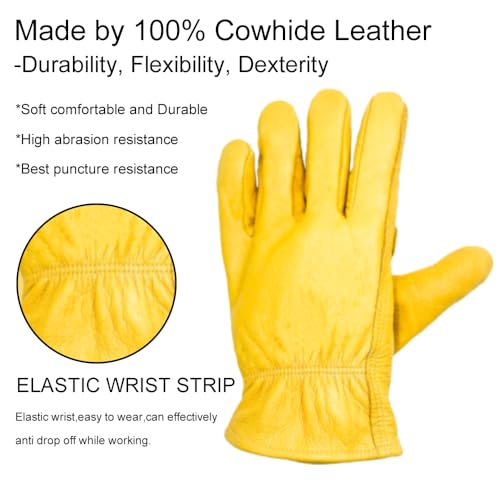 3 Pairs Leather Work Gloves for Men, Durable Gardening Gloves, Cowhide Work Gloves for Driver, DIY, Construction