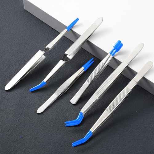 6 Pieces Tweezers with Rubber Tips Rubber Tipped Tweezer Cross Lock PVC Coated Tweezers Craft Jewelry Anti Scratch Long for Crafting Beads Jewelry Stamps Succulents Pet(Blue)
