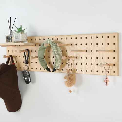 Beige Wood Pegboard Modular Display Wooden Pegboard Combination Wall Organizer Storage Wall Hooks Shelf for Home, Office, Bathroom, Comes with 2 Pieces Pegboards