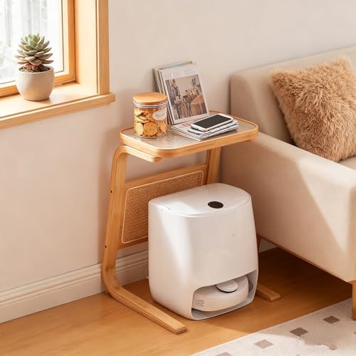 Modern 27 Inch Robot Vacuum Storage Side Table with Rattan Front - Multi-Functional Cabinet, Easy Assembly