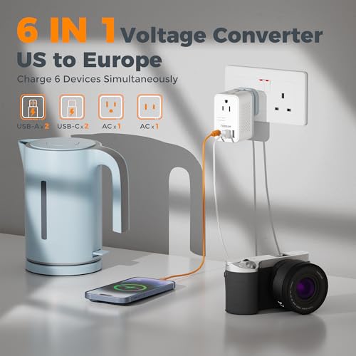 TESSAN International Travel Voltage Converter with 2 Outlets & 4 USB Ports – 220V to 110V Europe Adapter