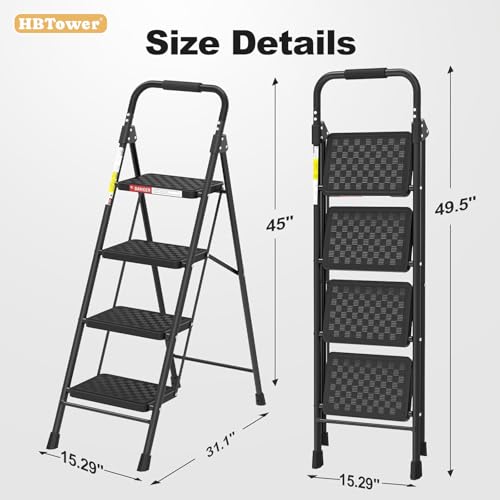 HBTower 4-Step Folding Ladder with Anti-Slip Pedals & Cushioned Handle for Home & Kitchen