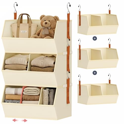 DIMJ Beige Hanging Closet Organizer 3-Pack - Extra Large Fabric Storage with Dividers