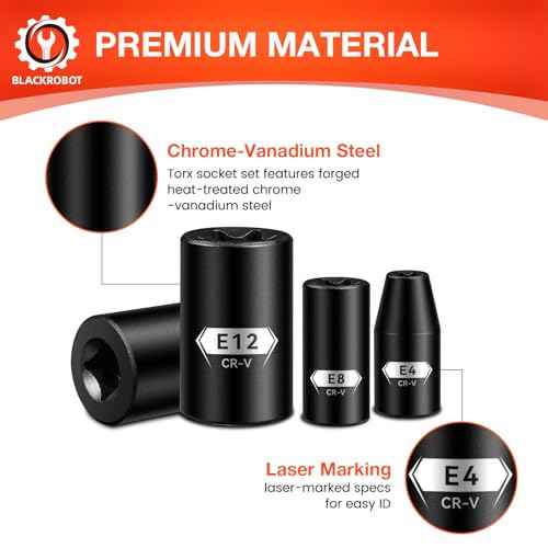BLACKROBOT E Torx & Star Socket Set With Rail, 11-Piece Female External Sockets, 3/8" 1/4" Drive Precision Torque Inverted Torx Kit, E4 E5 E6 E7 E8 E10 E12 E14 E16 E18 E20 Reverse Socket