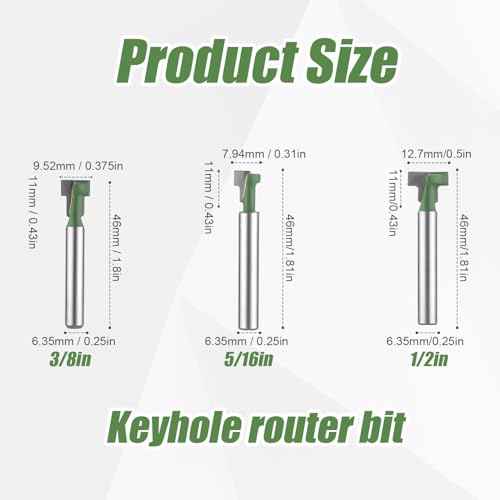 3pcs Keyhole Router Bits Set, 1/4 Inch Shank T Slot Cutter Set Router Bits, Blade Diameter 5/16", 3/8", and 1/2", Cutting Woodworking T Track Slotting Cutter for Wood Hex Bolt Milling Cutter Home DIY