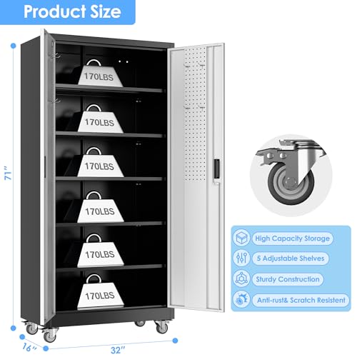 Heavy-Duty 71x32x16 in Metal Garage Storage Cabinet on Wheels with Pegboards, 5 Adjustable Shelves