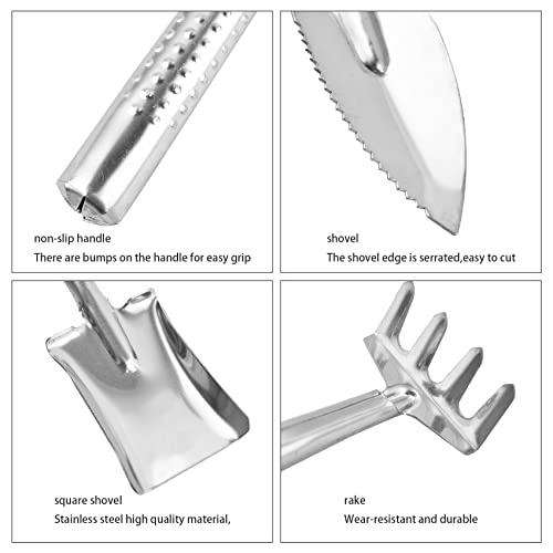 3 Pieces Mini Garden Tools Set, Stainless Steel Shovel Rake Spade Gardening Kit Lightweight Hand Trowel Transplant Trowel Hand Rake for Loose Succulents Potted Flower Seedling Soil