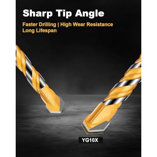 10PCS 6-Inch YG10X Carbide Concrete Masonry Drill Bits, Shockproof Hex Shank - Deep Drilling for Glass/Brick/Cement/Tile, 5/32"-1/2", High-Speed Heavy-Duty