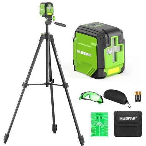 Laser Level with 60in Tripod, HUEPAR 98Ft Self Leveling Laser Level Green Line Laser Cross Line Laser Leveler Tool for Picture Hanging, Tile, Home Renovation, Indoor Project, Battery&Goggles Included
