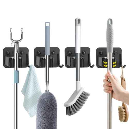 Broom Holder Wall Mount with Screws (4 Pack) Broom and Mop Organizer Wall Hanging, Anti-Slip Mop Holder Broom Hanger with Hooks, Stainless Steel Tool Rack for Garden Garage Organization