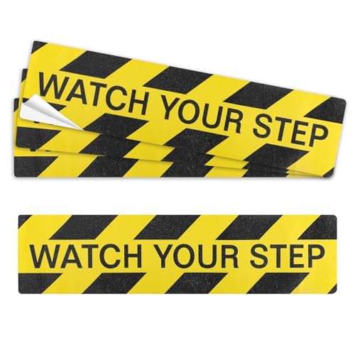 4 PCS Watch Your Step Floor Decals Stickers 5.9 x 23.6 Inch, Self Adhesive Anti Slip Watch Your Step Sign, Warning Sticker Adhesive Tape for Workplace Safety Wet Floor Cautio