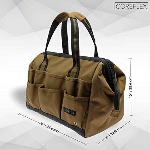 Coreflex 14 inch Wide-Mouth Tool Bag, Gear Bag, Multiple Purpose - for Plumbers, Electricians, Handymen also good for daily use, office use and camping. (Tan)