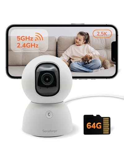 SensForge Wired 2.5K Indoor Pan-Tilt Security Camera with 64GB SD Card, 360° Coverage, AI Human & Pet Detection, Two-Way Audio, No Subscription, White