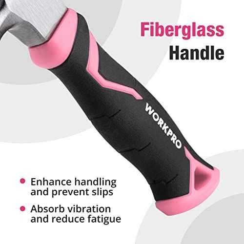 WORKPRO 8 oz Claw Hammer with Fiberglass Handle, All Purpose Hammer with Forged Hardened Steel Head, Pink Ribbon