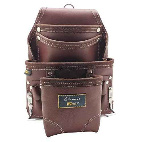 Heavy Duty Tool Pouch | Carpenters Tool Pouch 3350, Brown, Oil-Tanned, 10 Pockets, 2 Hammer Holders, Reinforced Seams