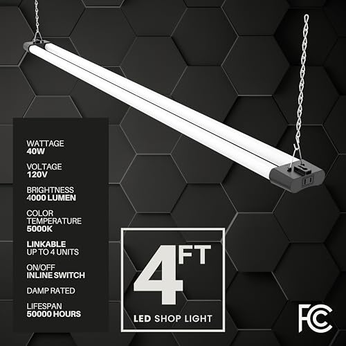 Quarterback 4FT 40W LED Shop Light with Inline Switch - Daylight White 5000K, Surface or Suspension Mount, Model 1