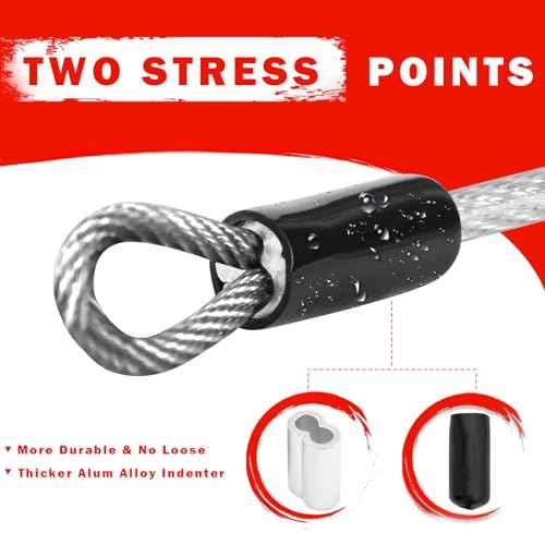 3mm Stainless Steel Security Cable 4/6/10/15FT Luggage Lock Safety Cable Wire Flexible Steel Cable Security Wire Rope with Double Loop (2 Pack), Black