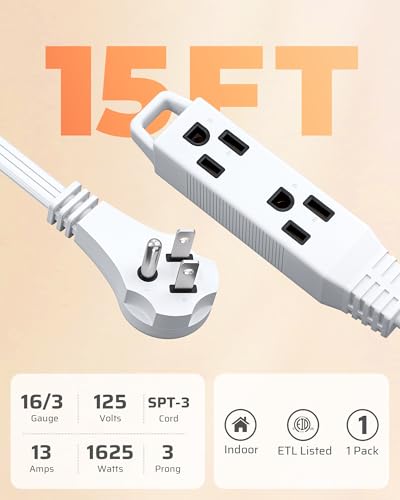 White 15FT Flat Plug Extension Cord with 3 Grounded Outlets, 16/3 SPT-3