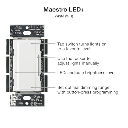 Lutron Maestro LED+ Dimmer Switch for Dimmable LED, Halogen and Incandescent Bulbs, 150W/Single-Pole or Multi-Location, MACL-153M-WH, White